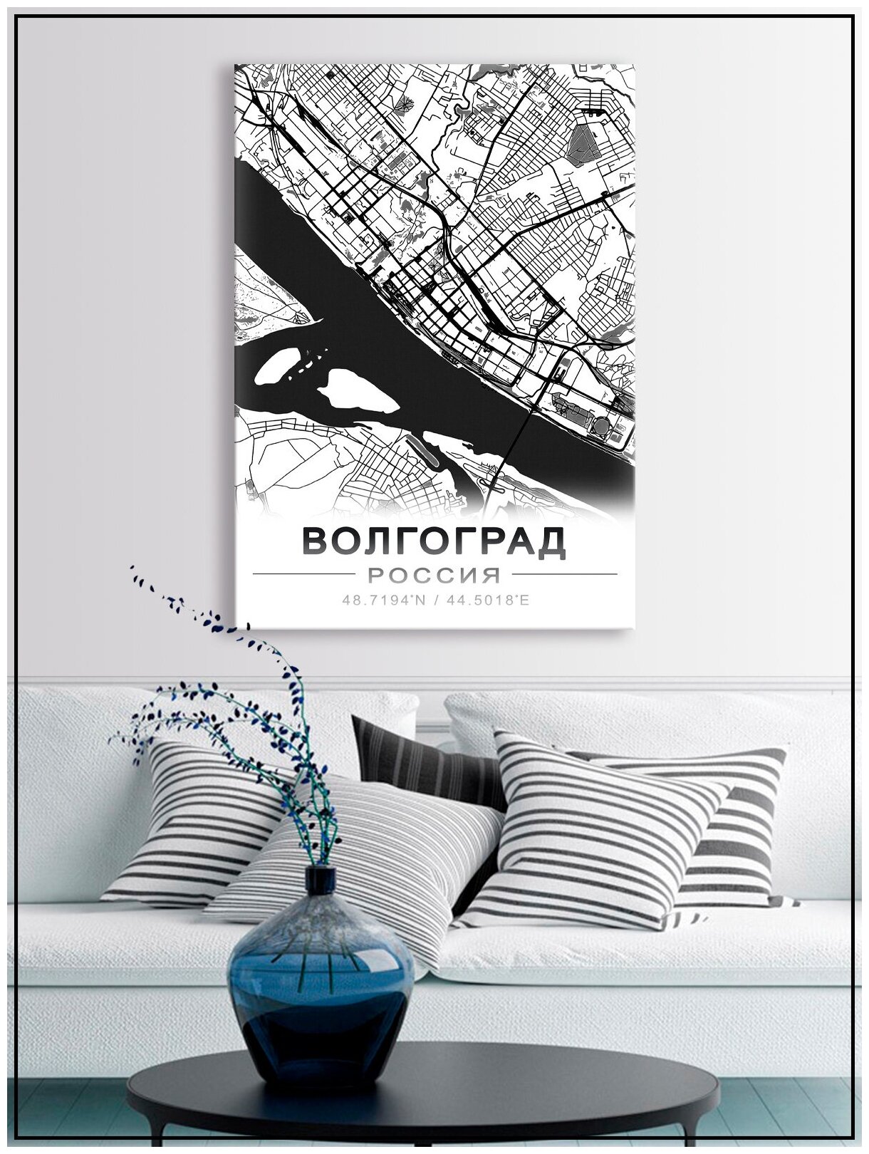 Картина для интерьера на натуральном хлопковом холсте "Карта Волгограда", 30*40см, холст на подрамнике, картина в подарок для дома