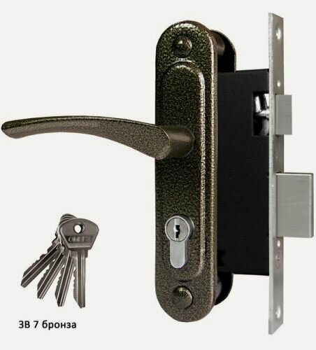 Изображение товара Замок врезной цилиндровый с защёлкой в комплекте с ручкой Омега (замки) омега ЗВ7 (бронза), 4 кл.