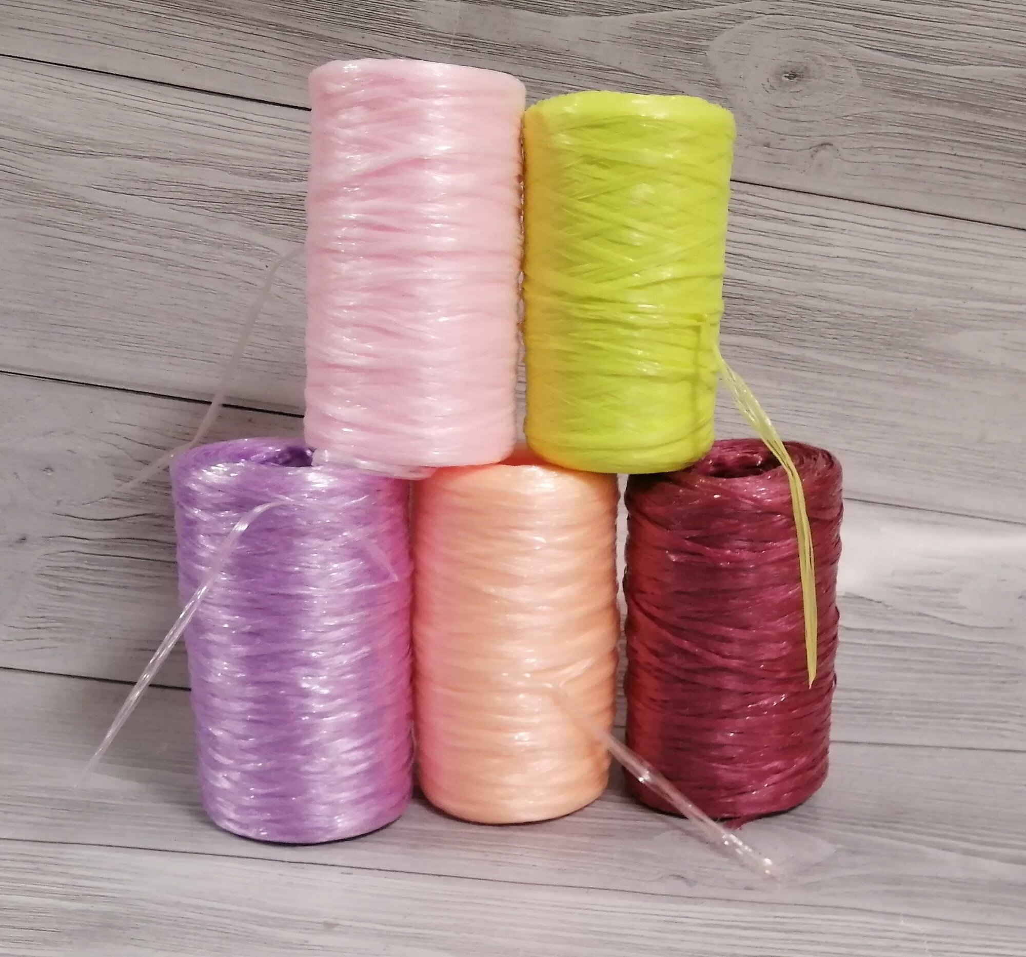 фото Нить полипропиленовая (для мочалок) Набор 5 цвета по 100гр. 400м (Сирень, фосфор, персик, розовый, красное дерево))