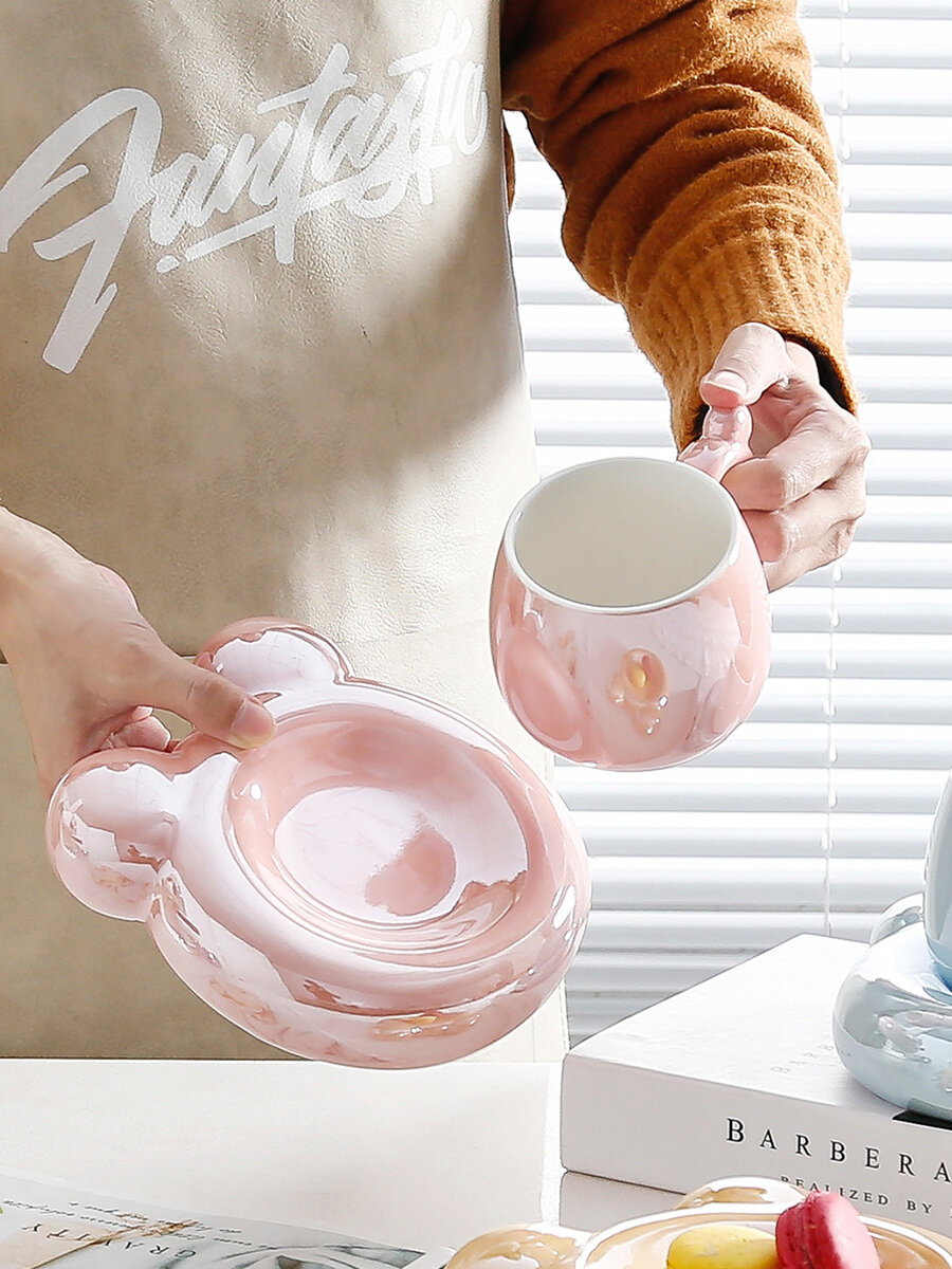 Эстетичная чайная пара "Мишка - Розовый глянец" набор чашка и блюдце 330мл
