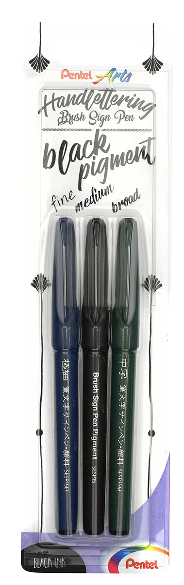 Фломастер-кисть набор 3 шт. "Pentel" Brush Sign Pen Pigment 3 разных наконечника 11 - 22 мм XSESP15/3