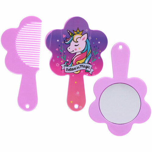 Расческа с зеркалом в наборе детские мимишки единорог цвет розово-фиолетовый 11см 339₽