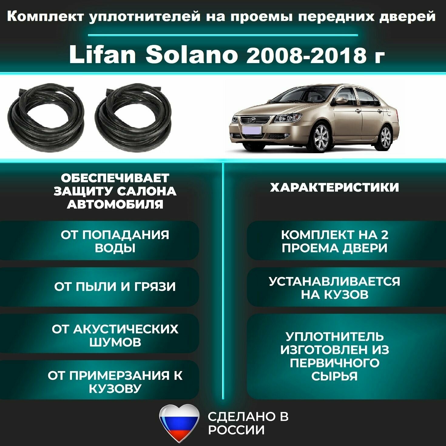 Комплект уплотнителей проема передних дверей подходит на Lifan Solano 620/630/650 2008-2018 г Лифан Солано 2 шт