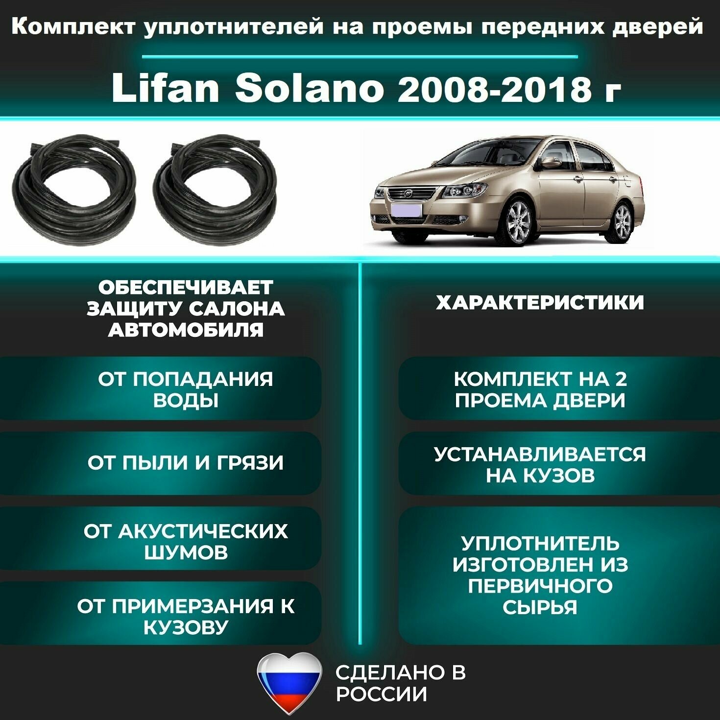 Комплект уплотнителей проема передних дверей, подходит на Lifan Solano 620/630/650 2008-2018 г, Лифан Солано 2 шт