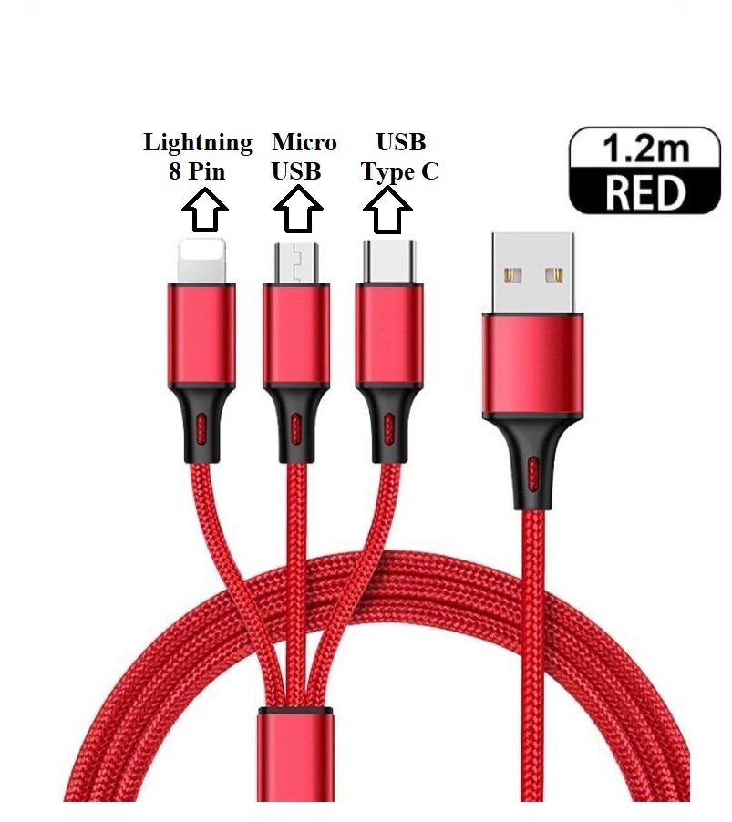 Кабель для зарядки 3 в 1 USB-C / Lightning / microUSB, 2.4А, 1,2 м, текстиль, KS-is