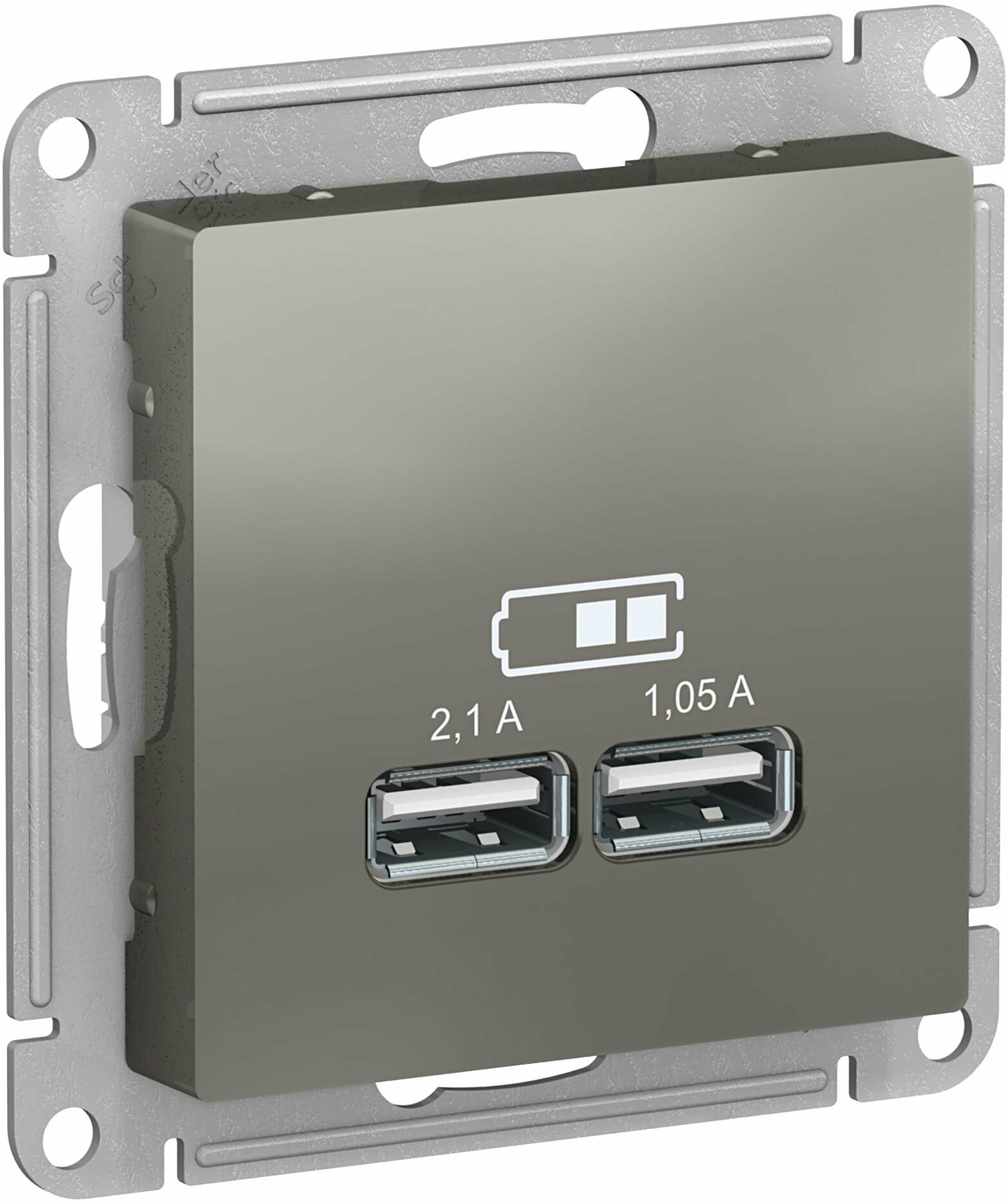 Розетка usb для зарядки Schneider Electric Atlas Design с двумя разъёмами типа А на винтах сталь