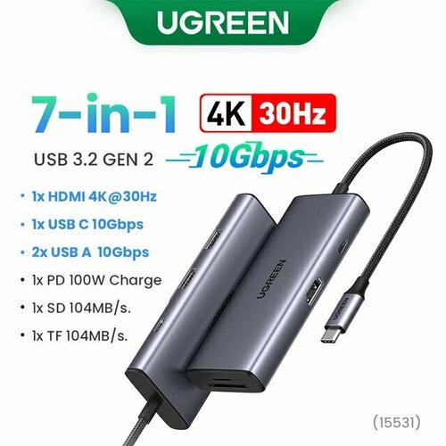 UGREEN 10 Гбит/с USB концентратор 7 в одном 4K адаптер хаб переходник концентратор usb c hub 10 в 1 3xusb 3 0 rj45 hdmi 4k vga sd card 3 5mm audio port pd зарядка до 100w для macbook pro air