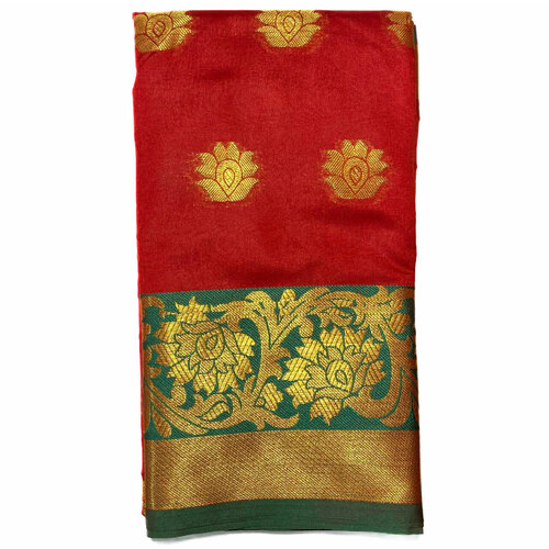 Сари однотонное красное, с каймой зеленого цвета и Золотистой вышивкой (Size: Onesize, с отрезом для блузы), 1 шт.