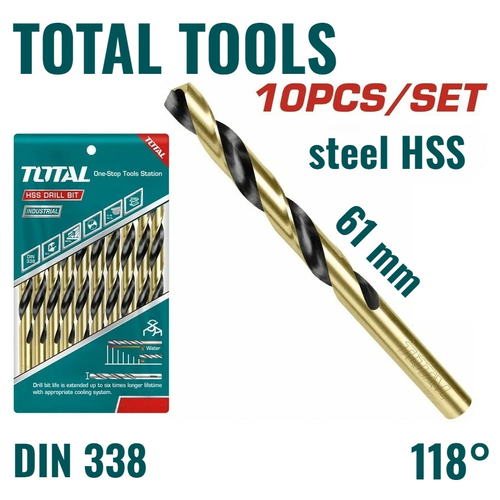 Сверло по металлу TOTAL сталь HSS упаковка 10 штук размер 3 мм длина 61 мм 429₽