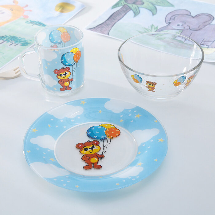 Набор посуды для детей, Мишутка, 3 предмета: кружка 200 мл, миска 450 мл, тарелка 20 см