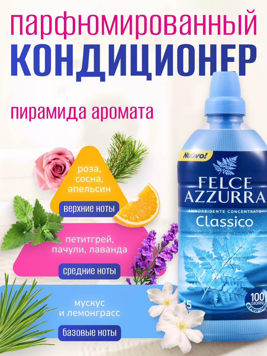 Кондиционер для белья Felce Azzurra Classico 900мл (эффект: ароматизация, легкая глажка, смягчение ткани) — фото 1