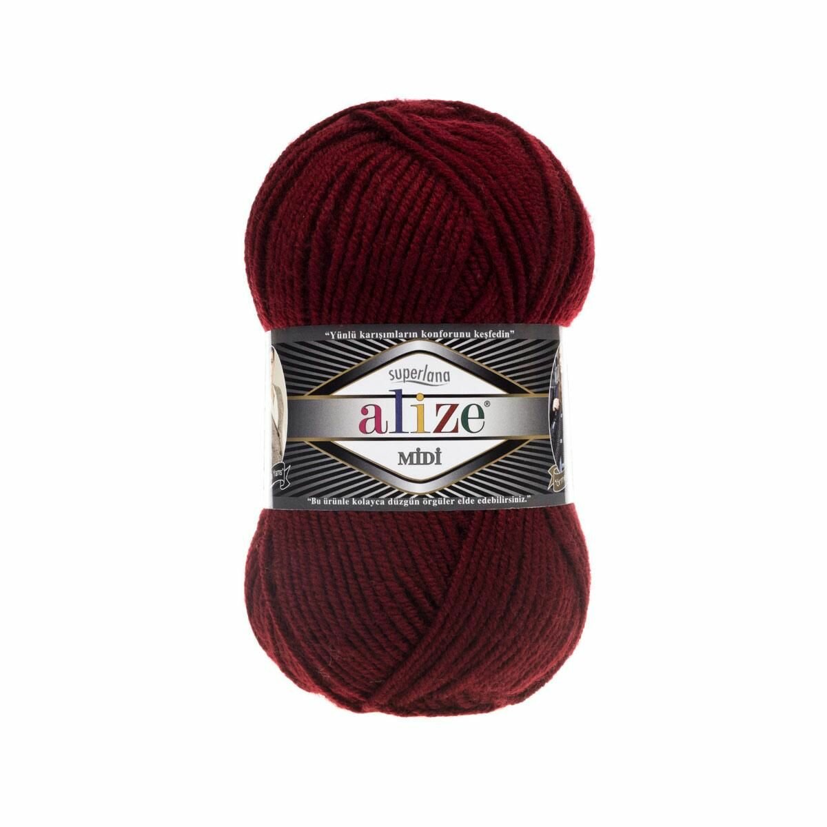 Пряжа ALIZE "SUPERLANA MIDI", 100 гр 170 м, 25% шерсть, 75% акрил, 57 бордовый, 5 шт