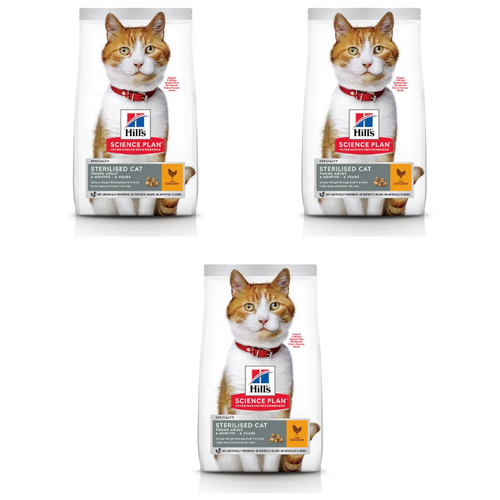 Hill's Сухой корм Hill's Science Plan Sterilised Cat Young Adult для молодых стерилизованных кошек и кастрированных котов, с курицей, 300г, 3 шт.