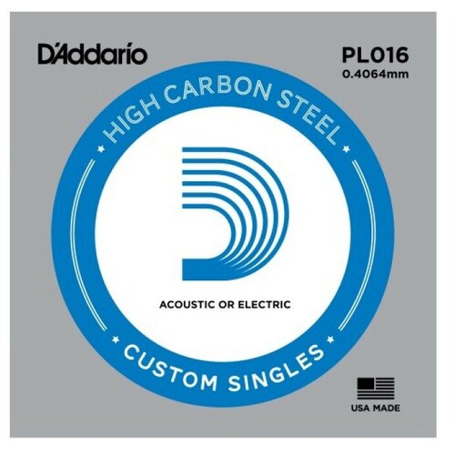 PL016 Plain Steel Отдельная струна без обмотки, сталь, .016, D'Addario daddario kpl016 plain steel одиночная струна 016