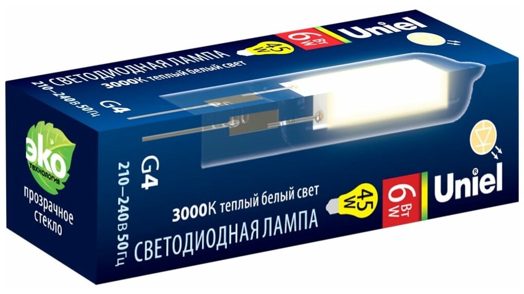 Uniel Лампа светодиодная 220/6W/3000K/G4/CL GLZ08TR картон LED-JC UL-00005065