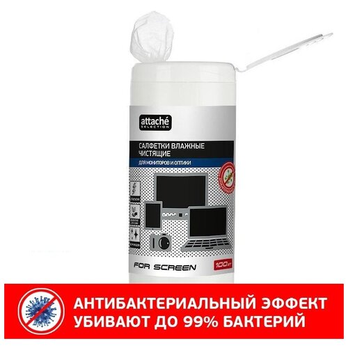 Влажные салфетки Attache Selection For Screen, для экрана, в тубе, 100 шт (AS380973) favorit office screen clean f130001 влажные салфетки 100 шт для экрана