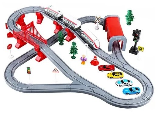Игровой набор Ou Qi "Железная дорога: пригород" (77х66 см, 92 дет., поезд, машины, звук)