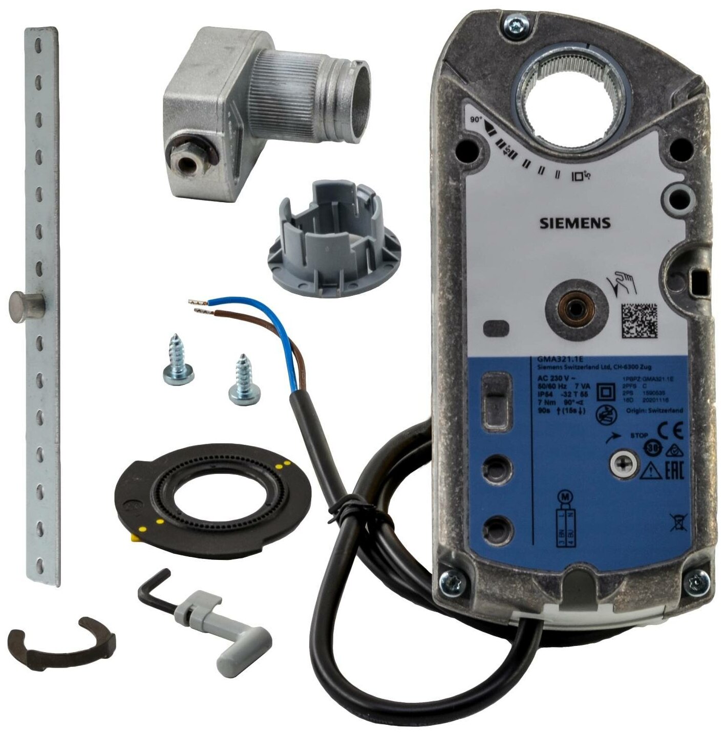 Привод воздушной заслонки поворотного типа, AC 230 В, 2-точечный, 7 Нм, с пружинным возвратом 90/15 с SIEMENS BPZ: GMA321.1E
