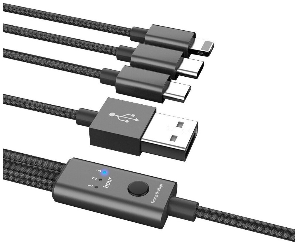 Кабель для зарядки USB 3в1 Type-c/lightning/micro usb, чёрный