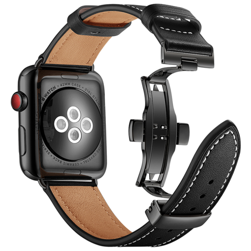 фото Сменный ремешок mypads из качественной импортной кожи для умных смарт-часов apple watch se/ series 6/ series 5/ series 4 с дизайном элегантная прошивка (черный 44мм)