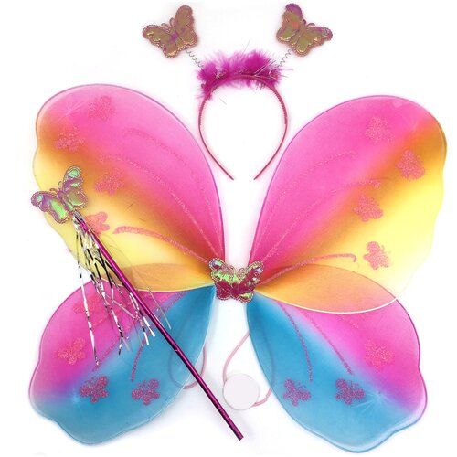 фото Набор (ободок, крылья, волшебная палочка) фея бабочка, радужный, с блестками, 1 шт. волна веселья