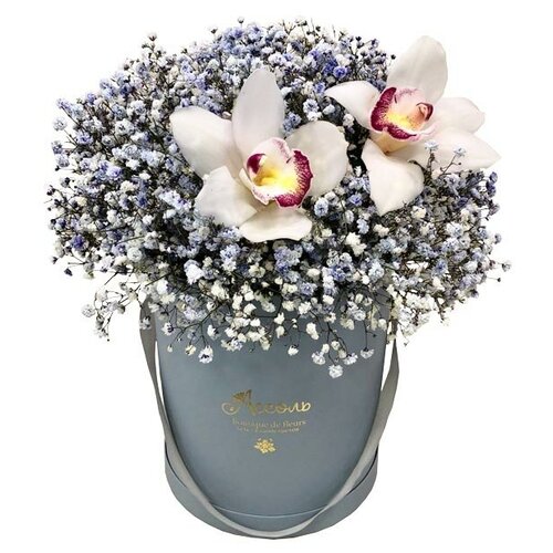 Голубая гипсофила и орхидеи в коробке