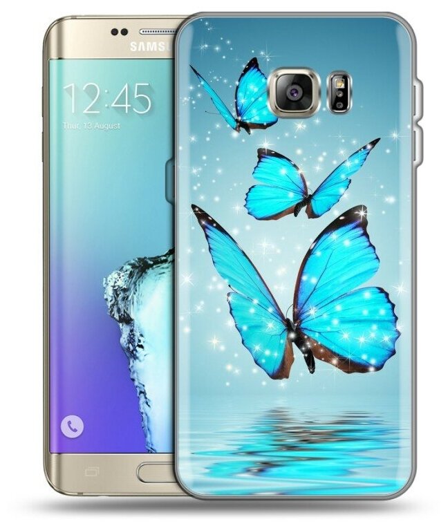 Дизайнерский силиконовый чехол для Самсунг S7 Edge / Samsung Galaxy S7 Edge Бабочки голубые