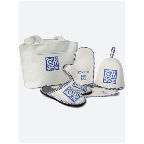 Премиальный набор для бани и сауны с фирменной вышивкой VALENOK из 5 предметов: шапка, коврик, варежка, сумка, тапки; войлок