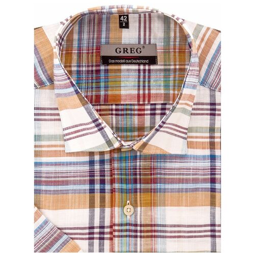 фото Рубашка мужская короткий рукав greg 525/101/865/z, полуприталенный силуэт / regular fit, цвет бежевый, рост 174-184, размер ворота 39