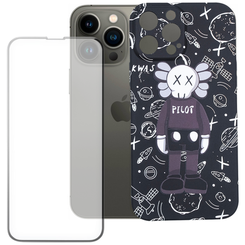 фото Комплект: защитный чехол kaws + защитное стекло для apple iphone 13 pro / айфон 13 про / накладка / бампер с защитой камеры luxo / светящийся в темноте pduspb