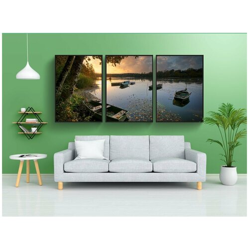 фото Набор модулных постеров для интерьера "озеро, лодки, заход солнца" 60x90 см. в тубусе, без рамки lotsprints