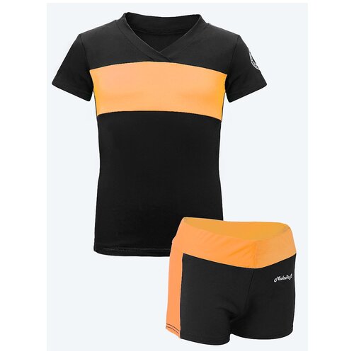 Костюм Микита для девочек, футболка и шорты, размер 122, черный, оранжевый