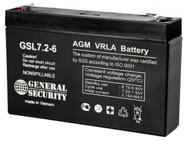 Аккумулятор General Security GSL 72-6 (6В 72Ач / 6V 72Ah)