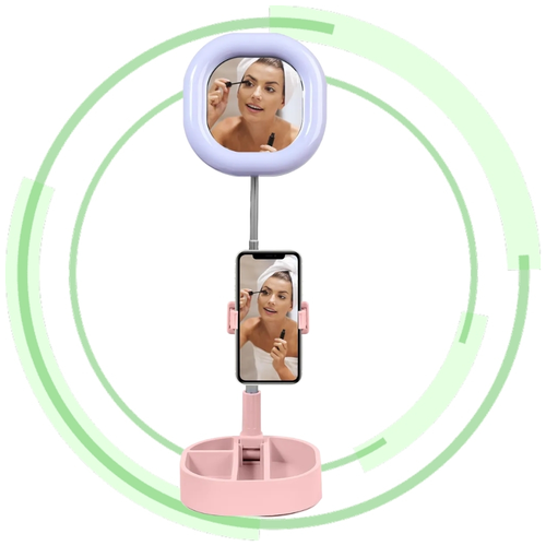 Селфи кольцо - зеркало, кольцевая лампа с зеркалом и держателем для телефона Y3 / 3 режима цвета и яркости (Розовое)