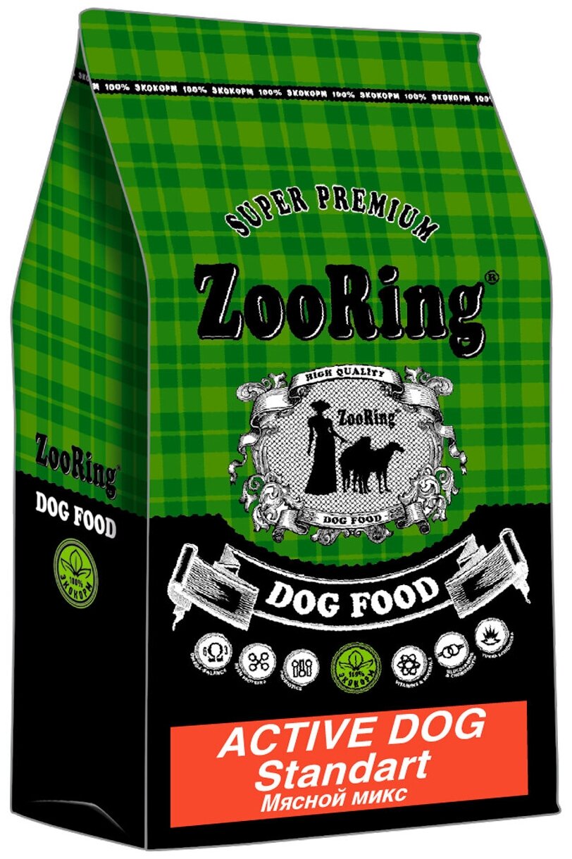ZOORING ACTIVE DOG STANDART для активных взрослых собак средних и крупных пород с мясным миксом и рисом (10 кг)