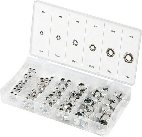 Набор гаек М4, М5, М6, М8, М10, М12, самоконтрящиеся, с нейлоновой вставкой, 146 предм, Сибртех, 47613