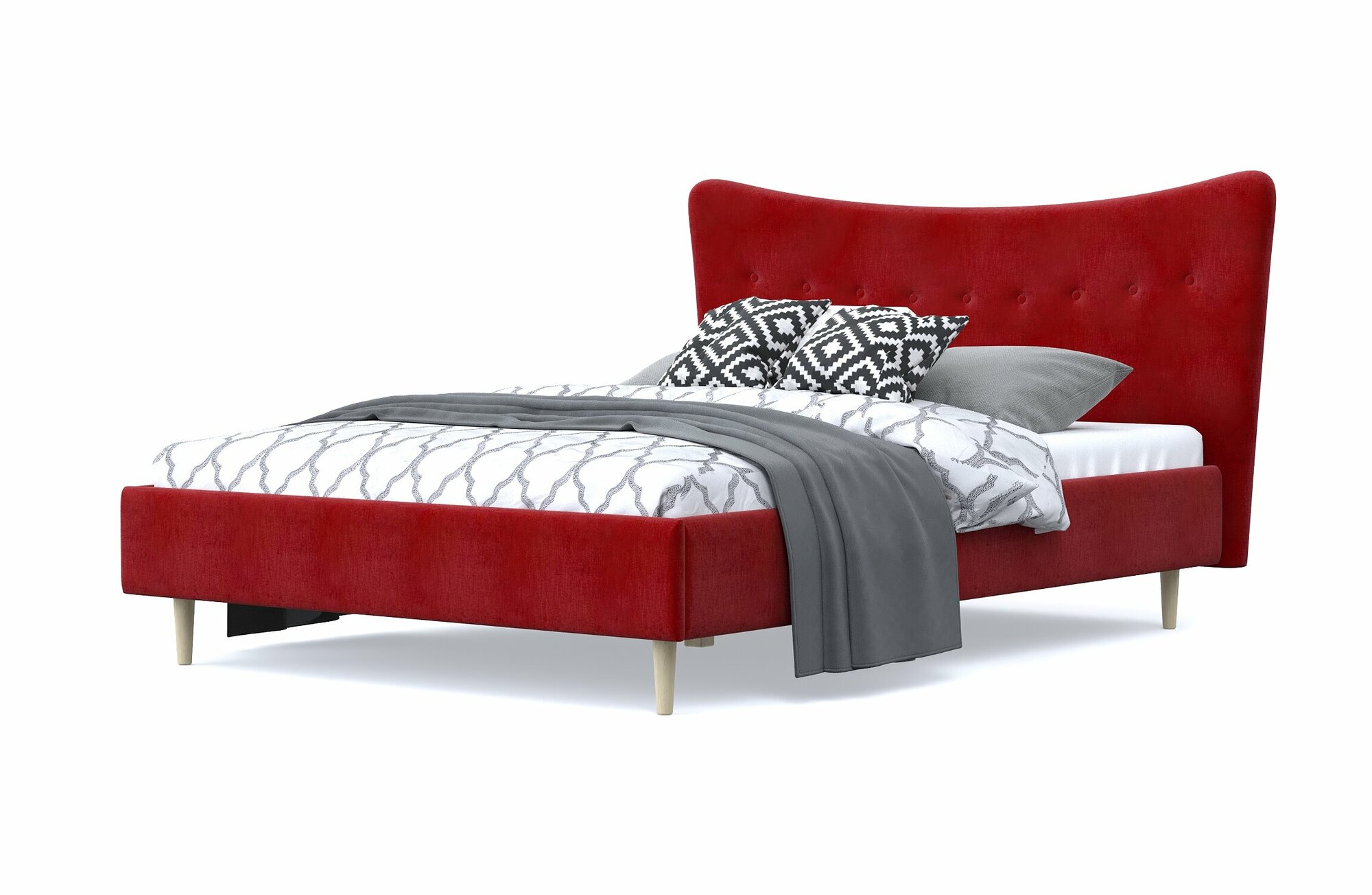 Двуспальная кровать финна 140х200, с мягким изголовьем, красный, шенилл, деревянная, на ножках