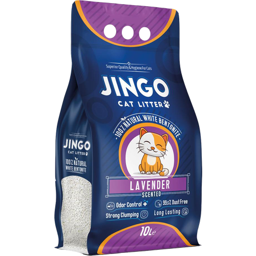 Jingo бентонитовый комкующийся наполнитель для кошачьего туалета, с ароматом лаванды 10 л