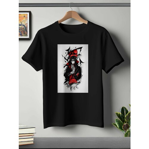 фото Футболка oneq унисекс 50-52 (xl) размер с принтом итачи, черная, размер xl, черный