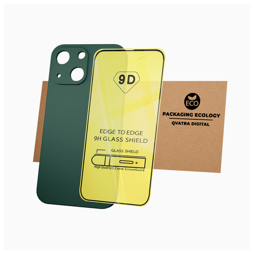 фото Чехол накладка с защитой камеры для iphone 13 / комплект со стеклом для айфон 13 / зеленый qvatra