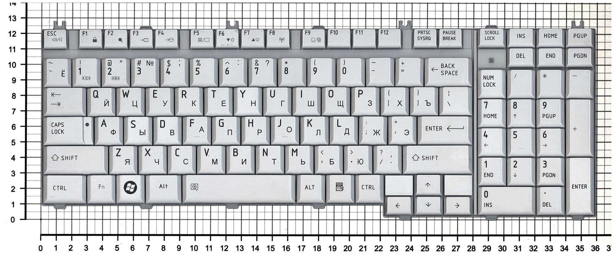Клавиатура для ноутбука Toshiba MP-06873US-6983 серебристая шлейф по центру