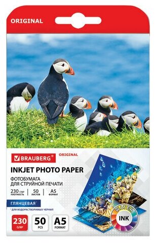 Фотобумага глянцевая, А5, 230 г/м2, односторонняя, 50 листов, BRAUBERG ORIGINAL, 363977