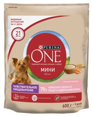 Purina One Сухой корм для взрослых собак малых пород с чувствительным пищеварением с лососем и рисом 12324511 0,6 кг 37481 (2 шт)