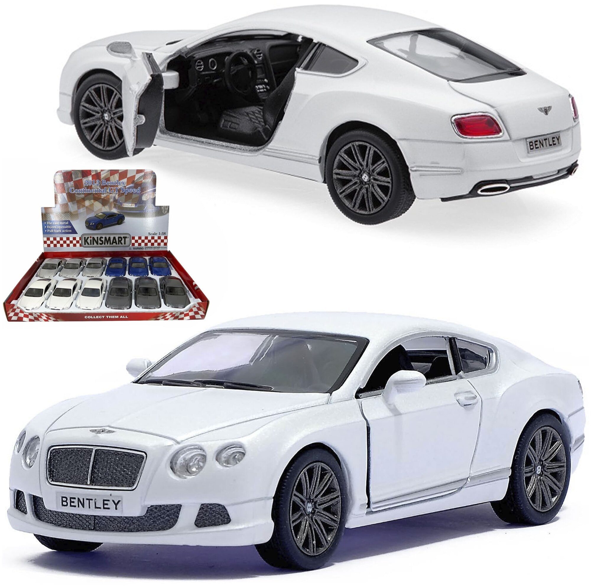 Машинка игрушка для мальчика металлическая, инерционная 1:38 2012 Bentley Continental GT Speed в дисплейбоксе, белый, в подарок для ребенка, малыша на день рождения, новый год или 23 февраля