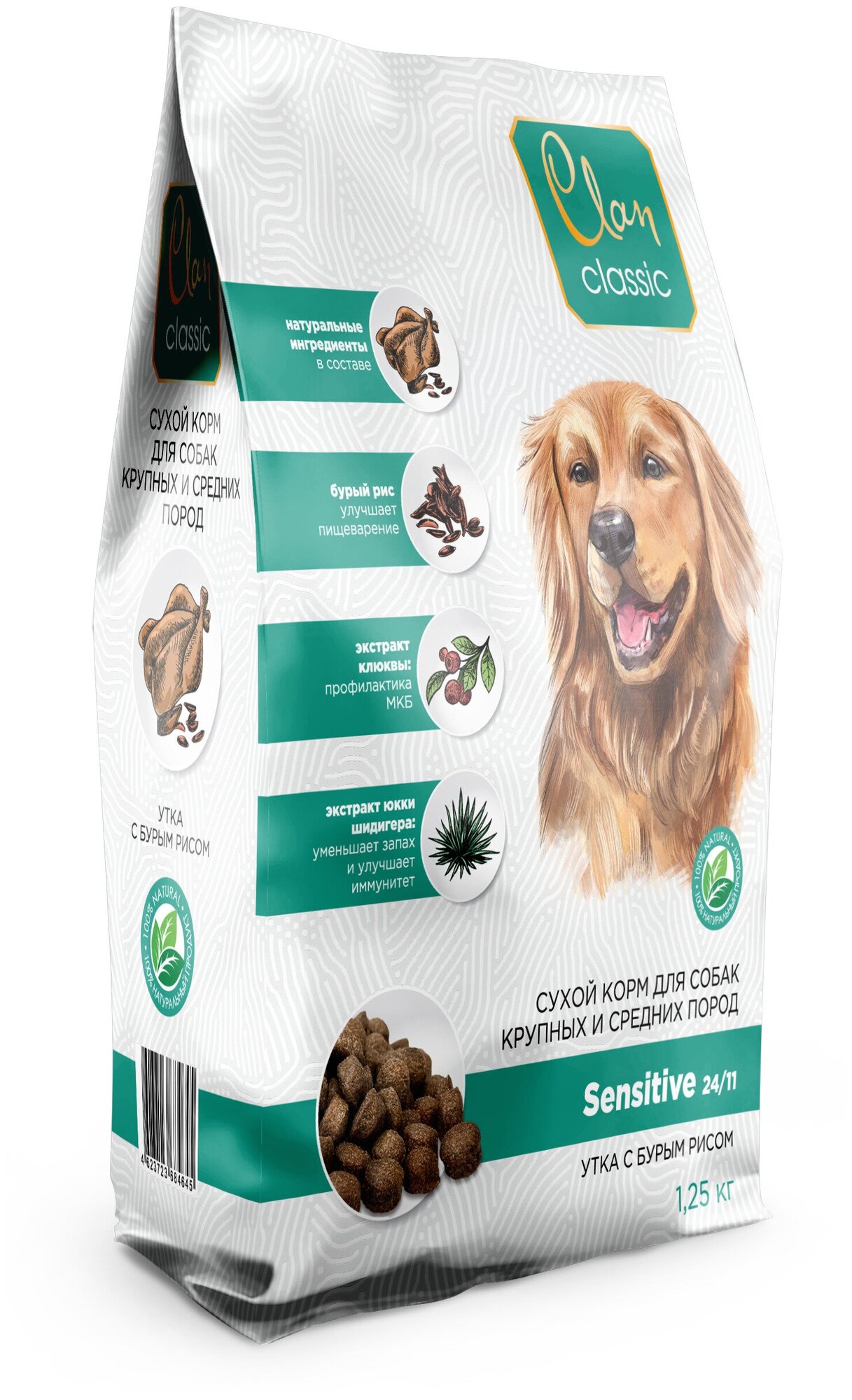 CLAN CLASSIC SENSITIVE Сухой корм для собак средних и крупных пород (утка С бурым рисом), 1,25 кг