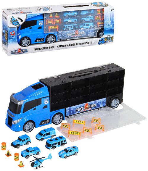 Игровой набор машин «Автовоз -чемодан», 5 игрушечных машин, вертолет и дорожные знаки, игрушки для детей, подарок для детей, для мальчиков, голубой