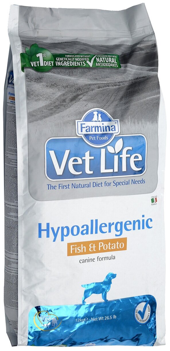 Сухой корм Farmina Vet Life Hypoallergenic Fish&Potato, для собак с пищевой аллергией, рыба и картофель, 12 кг