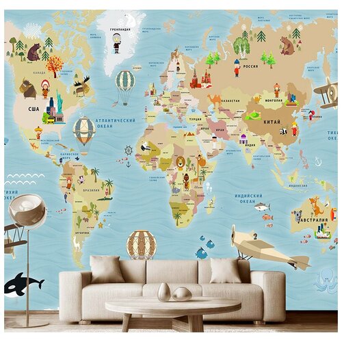 Фотообои на стену детские Модный Дом Яркая карта мира для детей 300x270 см (ШxВ)
