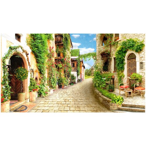 Фотообои Уютная стена Украшенная цветами улочка в итальянском городке 490х270 см Виниловые Бесшовные (единым полотном)