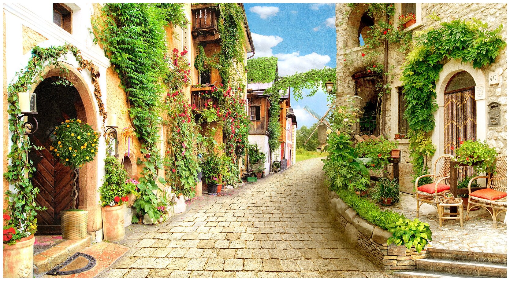 Фотообои Уютная стена "Украшенная цветами улочка в итальянском городке" 490х270 см Бесшовные Премиум (единым полотном)
